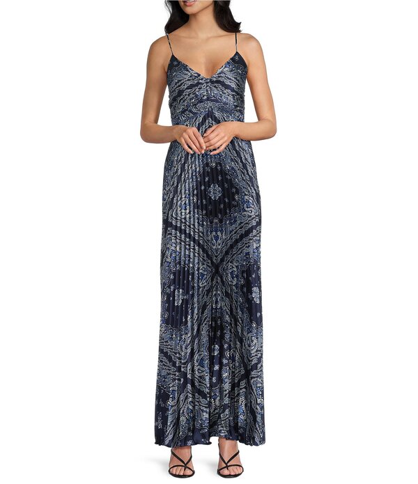 スカイズアブルー レディース トップス 衣装 Vのど首 筋目 刷り上げる ノースリーブ マキシ Skies Are Blue Bandana Print V-Neck Sleeveless Pleated Maxi Dress Navy 米国海軍 レディースファッション-ワンピース