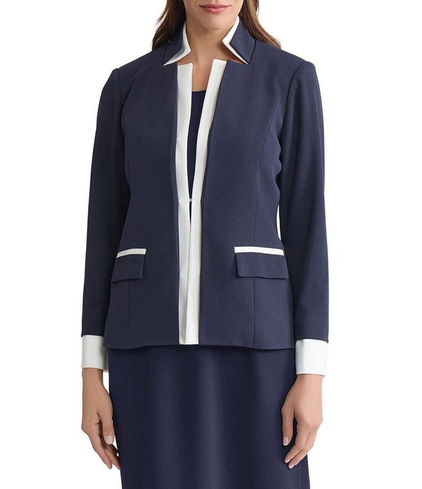 ミンウォン レディース アウター コート クレープ ブレザー Ming Wang Tailored Two-Tone Stretch Crepe Notch Collar Long Sleeve Blazer Indigo/White ホワイト