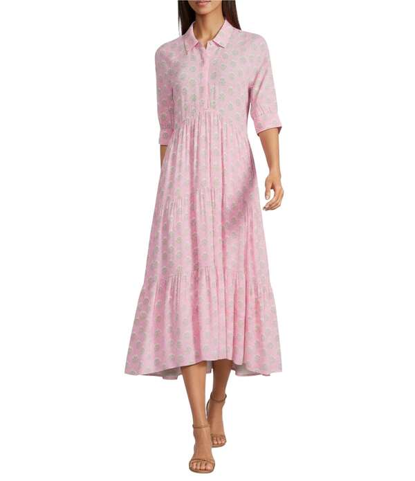 エーラブズエー レディース トップス ワンピース ティアード フラワー柄 プリント ミディ シャツ フラワー A Loves A Floral Print Woven Button Front Point Collar 3/4 Sleeve Tiered Midi Shirt Dress Pink Petal ピンク