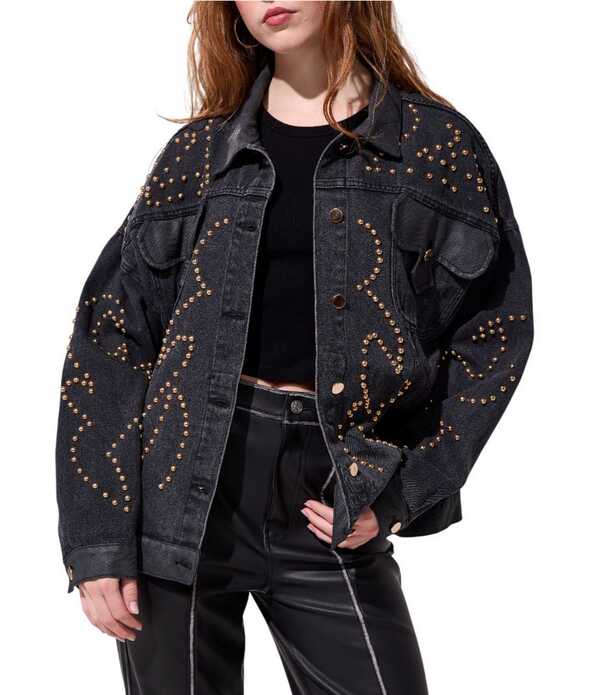 アザレア ワン レディース アウター コート デニム ジャケット Azalea Wang Ricki Studded Point Collar Button Front Denim Jacket Black ブラック