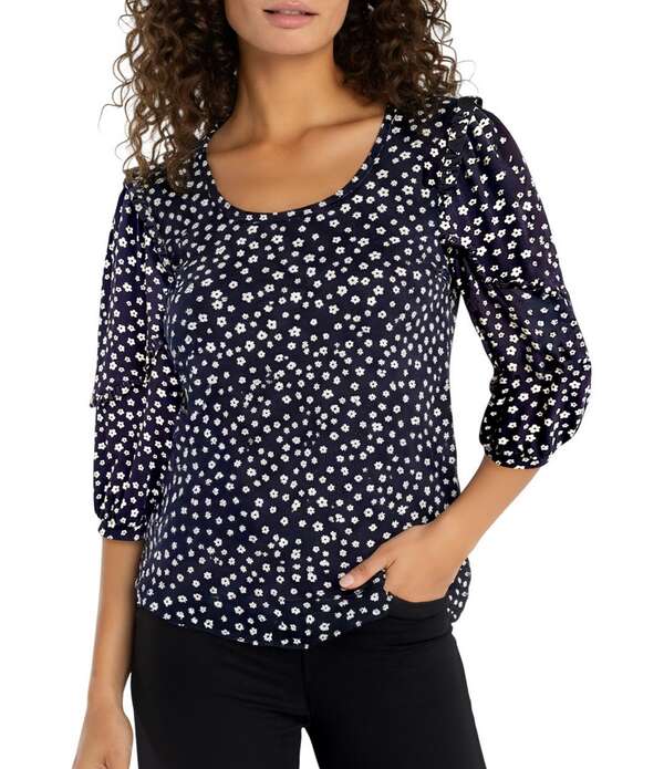 リヴァプール ロサンゼルス レディース トップス シャツ フラワー柄 ドレープチ フリル ニット ジャージー フラワー Liverpoolos Angeles Petite Size Jersey Knit Ditsy Floral Draped Scoop Neck 3/4 Ruffle Sleeve Top Navy/White Ditsy ホワイト