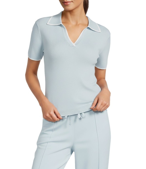 アントニオ メラーニ レディース トップス シャツ Vネック リブ コントラスト ブラウス Antonio Melani Contrast Ribbed V-Neck Collar Short Sleeve Blouse Arctic