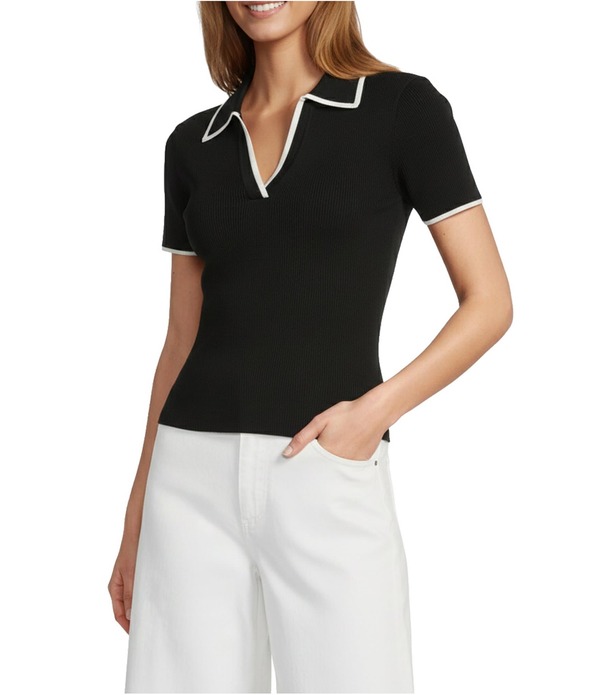 アントニオ メラーニ レディース トップス シャツ Vネック リブ コントラスト ブラウス Antonio Melani Contrast Ribbed V-Neck Collar Short Sleeve Blouse Black ブラック