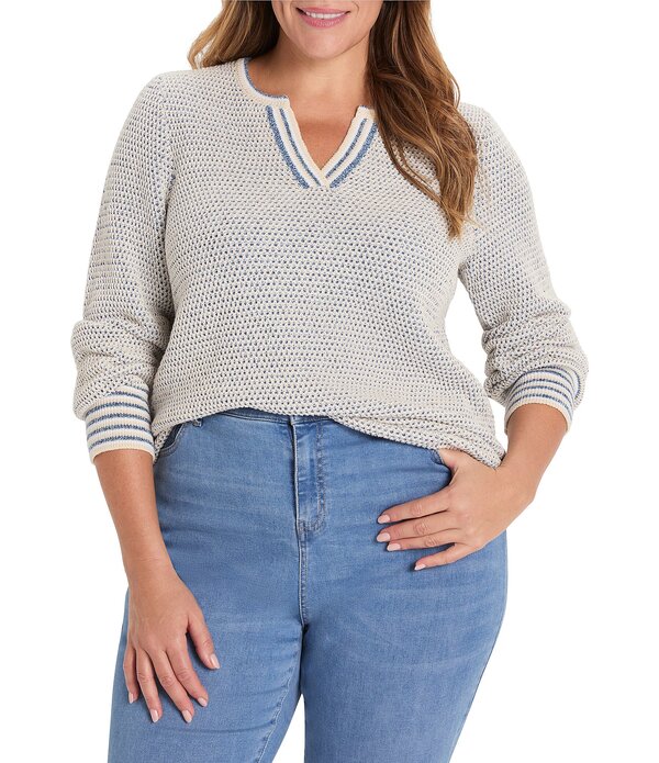 ニックアンドゾー レディース アウター ニット・セーター プラスサイズ NIC + ZOE Plusize Tuck Texture Split Neck Long Sleeve Sweater Blue Multi ブルー