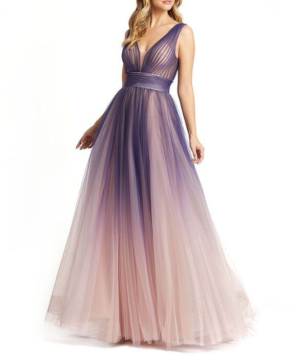 マックダガル レディース トップス ワンピース Vネック チュール Mac Duggal Tulle V Neck Ombre Longown Indigombre インディゴ｜ReVida 店