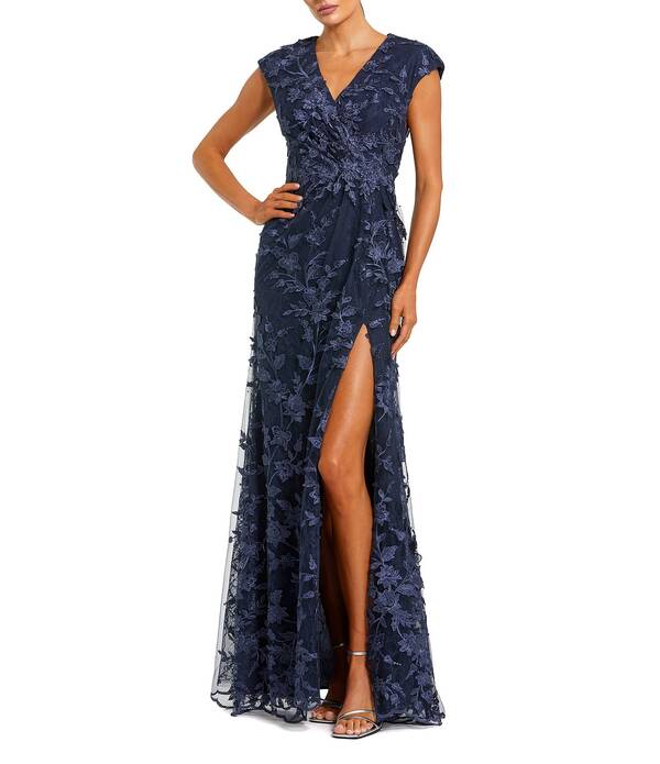 マックダガル レディース トップス ワンピース Vネック A ライン メッシュ 刺繍 Mac Duggal V Neck Embroidered Mesh A Line Gown Midnight｜ReVida 店