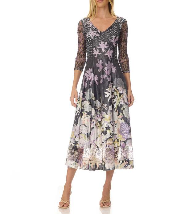 コマロフ レディース トップス ワンピース フラワー柄 ミディ レース フラワー Komarov Orchid Border Floralace 3/4 Sleeve Charmeuse and Lace Midi Dress Orchid Border