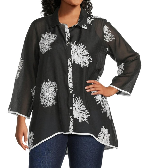マルチプルズ レディース トップス シャツ プラスサイズ シアー Multiples Plusize Crinkle Sheer All-Over Embroidery Point Collar 3/4 Sleeve Button-Front Shirt Black ブラック|ReVida 店