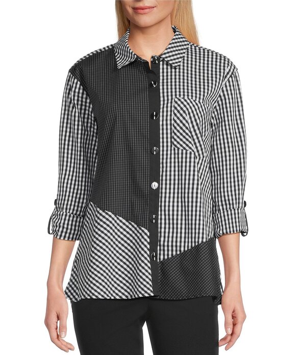 マルチプルズ レディース トップス シャツ プリント Multiples Woven Multi Plaid Check Print Point Collar 3/4 Roll-Tab Sleeve Button Front Shirt Black/White Print ホワイト
