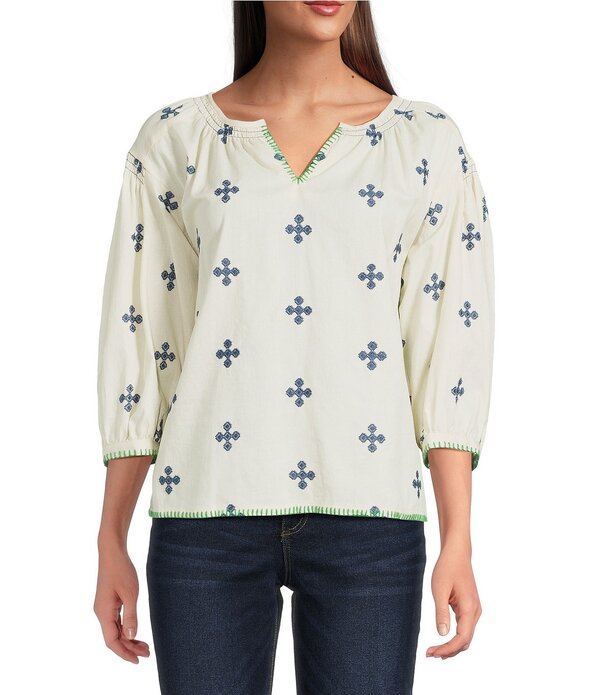 アリ マイルス レディース トップス シャツ Vネック シャーリング 刺繍 Ali Miles Cross Embroidered Smockedetailed Blanket Stitched Split-V Neck Long Sleeve Top Bone