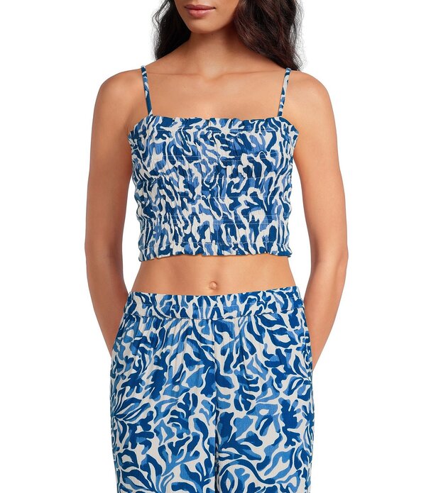 エラン レディース トップス シャツ プリント ノースリーブ シャーリング ELAN Coordinating Printed Sleevelessmocked Crop Top Blue Coralina ブルー|ReVida 店