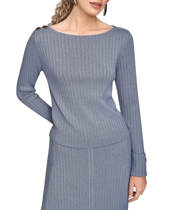ダナキャラン レディース アウター ニット・セーター リブ ウール Donna Karan Ribbed Wool Blend Boat Neck Long Sleeve Button Embellished Top Tempest