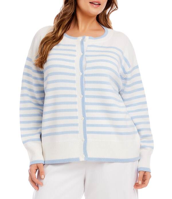 カレンケーン レディース アウター ニット・セーター プラスサイズ カーディガン Karen Kane Plusize Striped Long Sleeve Button-Front Cardigan Sweater Blue/Off White オフホワイト 29,770円