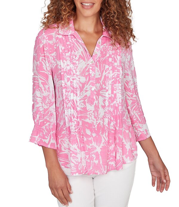 ルビーアールディー レディース トップス シャツ Vネック フラワー柄 シルク フラワー Ruby Rd. Silky Slub Woven Brushstroke Floral Collared V-Neck 3/4 Sleeve Partial Button Frontop Hydrangea Multi マルチカラー