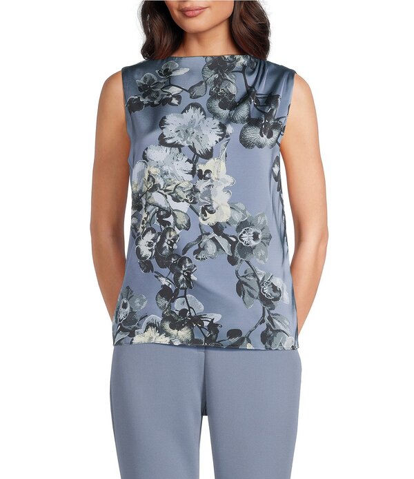 カルバンクライン レディース トップス シャツ モックネック アシンメトリー フラワー柄 プリント ノースリーブ フラワー Calvin Klein Charmeuse Floral Print Asymmetric Mock Neck Sleeveless Top Flint/Black Multi ブラック