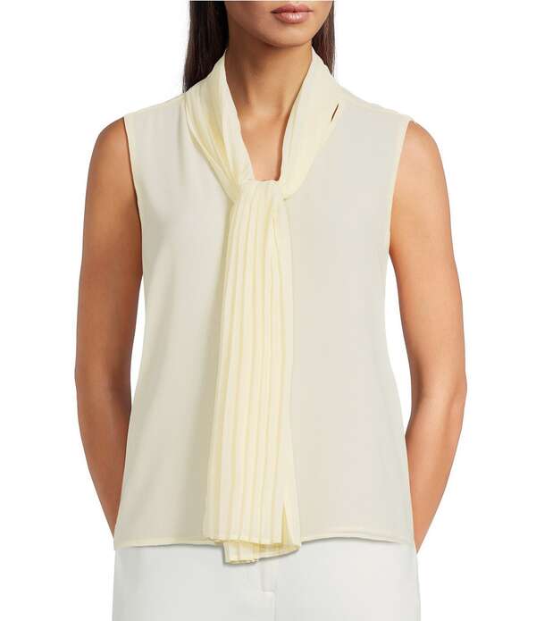 カルバンクライン レディース トップス シャツ Vネック シフォン プリーツ ノースリーブ Calvin Klein Chiffon Pleated Sash Tie V-Neck Sleeveless Top Double Cream クリーム