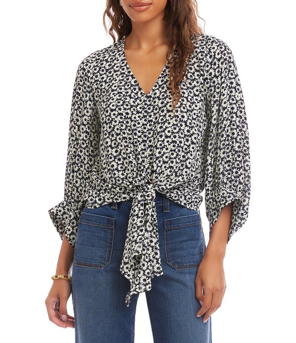 カレンケーン レディース トップス シャツ Vネックレープリント Karen Kane Daisy Crepe Printed V-Neck 3/4 Blouson Tie Frontoprint