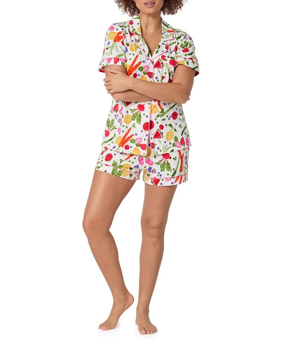 ベッドヘッド レディース アンダーウェア ナイトウェア プリント コットン ニット BedHead Garden Print Organicotton Blend Short Sleeve Notch Collar Knit Shorty Pajama Set Organic Garden