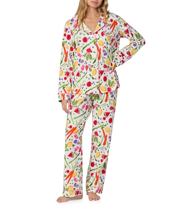 臥榻上端 レディース アンダー御召しもの ナイト爵御召しもの 刷り上げる 編み物 BedHead Garden Print Long Sleeve Notch Collar Knit Long Pajama Set Organic Garden
