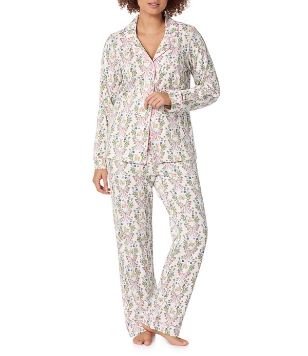 ベッドヘッド レディース アンダーウェア ナイトウェア プリント コットン ニット Bedhead Bunny Blooms Print Organicotton Blend Long Sleeve Notch Collar Knit Long Pajama Set Bunny Blooms