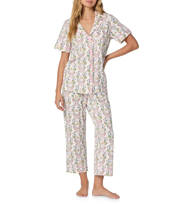 ベッドヘッド レディース アンダーウェア ナイトウェア プリント コットン クロップド ニット Bedhead Bunny Blooms Print Organicotton Blend Short Sleeve Notch Collar Cotton Knit Cropped Pajama Set Bunny Blooms