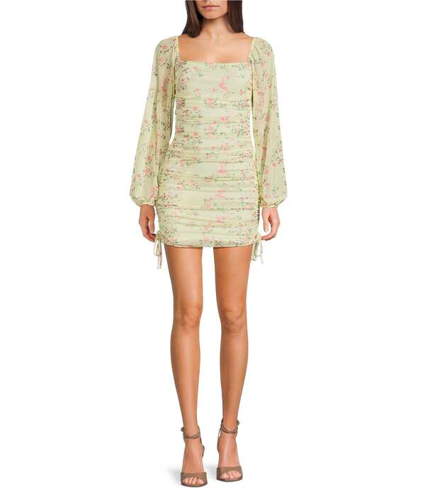 ジャンプ レディース トップス ワンピース フラワー柄 プリント ギャザー ミニ メッシュ フラワー Jump Floral Printed Mesh Square Neck Long Sleeve Ruched Bodycon Mini Dress Yellow Multi イエロー
