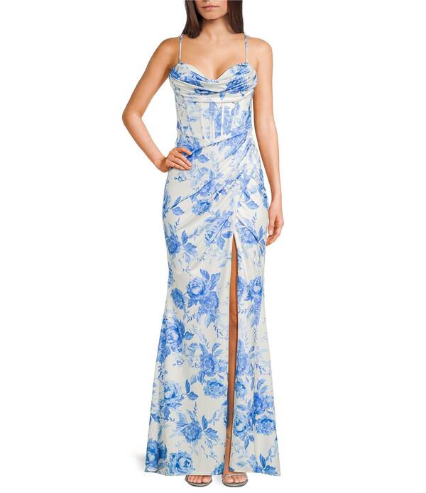 ビーダーリン レディース トップス 衣装 お花柄 ドレープリント 繻子 スピード競技 お花 B. Darlin Satin Floral Printed Sweetheart Drape Neck Bustier Bodice Lace Up Back Dress Off-White/Blue 象牙色 ワンピース-レディースファッション