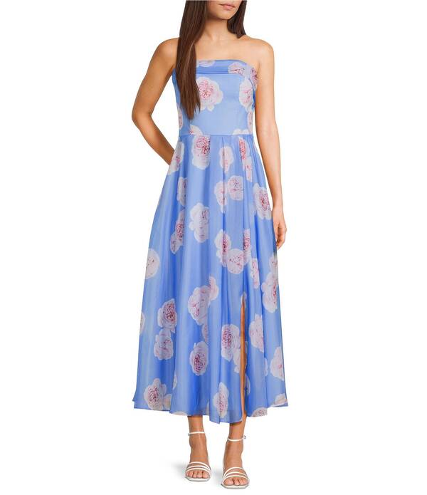 ビーダーリン レディース トップス ワンピース A ライン フラワー柄 プリーツ プリント ミディ ストラップレス フラワー B. Darlin Shimmer Floral Printed Strapless Pleated A-Line Midi Dress Blue/Pink ブルー
