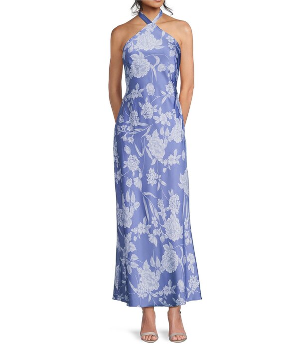ビーダーリン レディース トップス ワンピース フラワー柄 プリント マキシ フラワー ホルター B. Darlin Floral Printed Halter Neck Tie Back Maxi Dress Denim/Periwinkle デニム