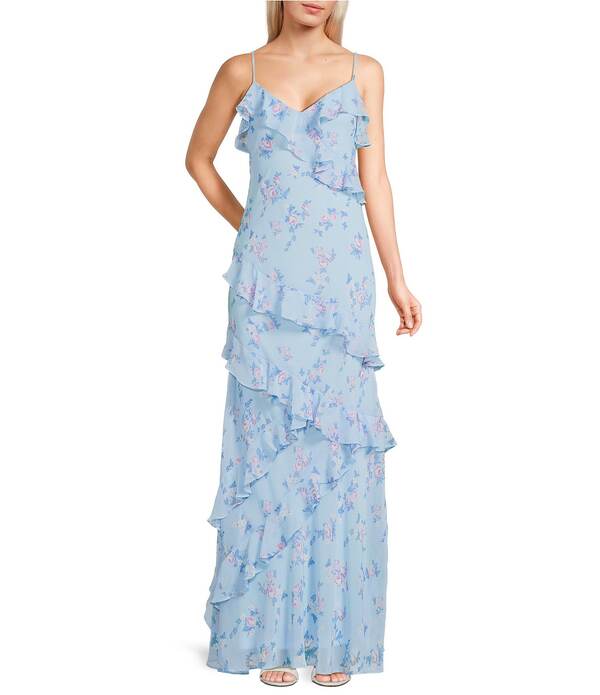 ビーダーリン レディース トップス ワンピース Vネック フラワー柄 プリント フリル マキシ フラワー B. Darlin Floral Printed V-Neck Ruffled Maxi Dress Blue/Mauve ブルー