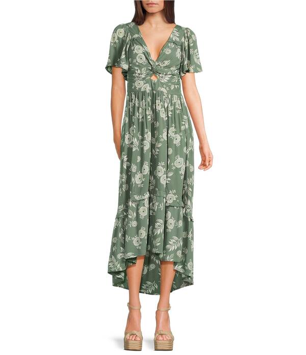 アンジー レディース トップス ワンピース フラワー柄 プリント ミディ フラワー Angie Floral Printed Puff Sleeve Scoop Neck Corset Midi Dress Green グリーン
