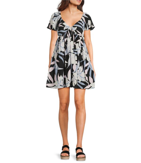 ソルティークルー レディース トップス 衣装 刷り上げる ミニ Salty Crew Dreamland Flutter Sleeve Printed Mini Dress Black 黒いこと