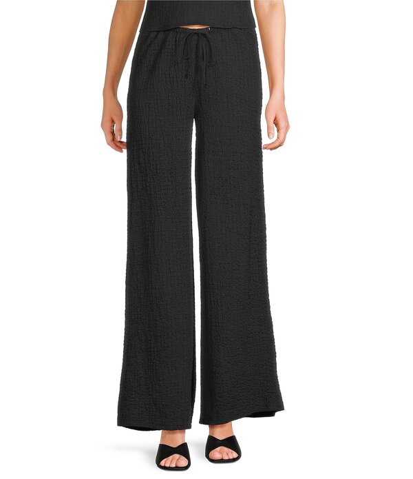 ジービー レディース ボトムス 心地好いズボン下 ワイドレッグ 編み物 GB Coordinating Knit Pucker Tie Waist Wide Leg Pants Black 黒いこと