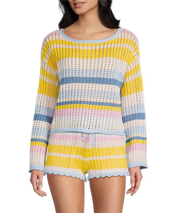 ジービー レディース アウター 編み物・プルオーバー GB Off The Shoulder Striped Sweater Blue/Yellow Multi 青色 トップス-ニット・セーター-セーター