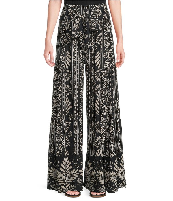 アンジー レディース ボトムス 心地好いズボン下 ワイドレッグ ティアード 刷り上げる Angie Printed Tiered Wide Leg Pants Black 黒いこと