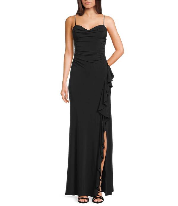 ハニーアンドロージー レディース トップス ワンピース サイドスリット フリル Honey and Rosie Cowl Neck Cascading Ruffle Side Slit Dress Black ブラック 26,838円