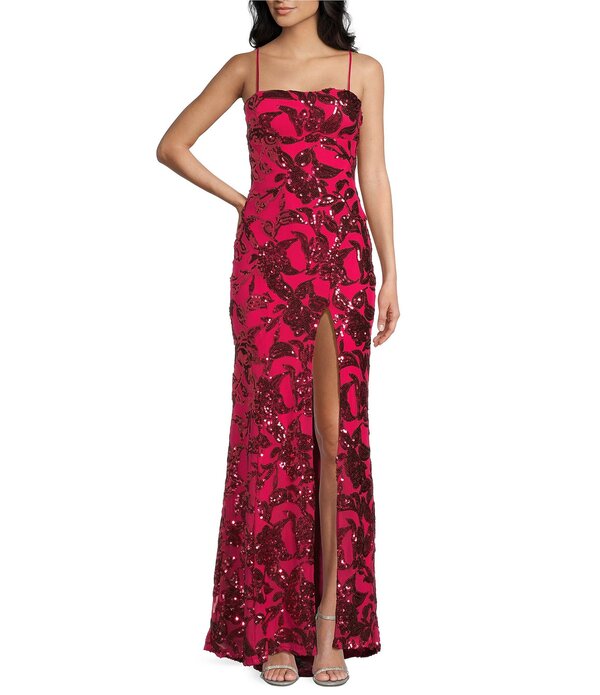 ハニーアンドロージー レディース トップス ワンピース サイドスリット スパンコール Honey and Rosie Sequin Patterned Straight Neck Side Slit Dress Fuchsia フューシャ
