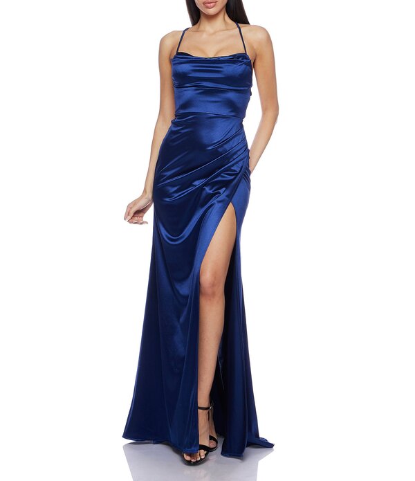 ビーダーリン レディース トップス ワンピース サイドスリット サテン レース B. Darlin Satin Cowl Neck Lace-Up Back Side Slit Ball Gownavy ネイビー