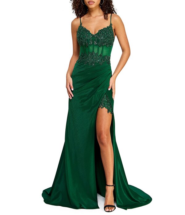 ビーダーリン レディース トップス ワンピース サイドスリット レーストリム レース B. Darlin Lace Trim Sweetheart Neck Illusion Bustier Bodice Lace Up Back Side Slit Ball Gown Hunter｜ReVida 店