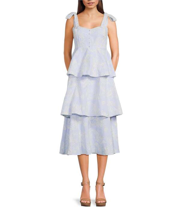 オールインフボール レディース トップス ワンピース ミディ 刺繍 All in Favor Tie Shoulder Embroidered Tier Midi Dress Light Blue Stripe ブルー｜ReVida 店