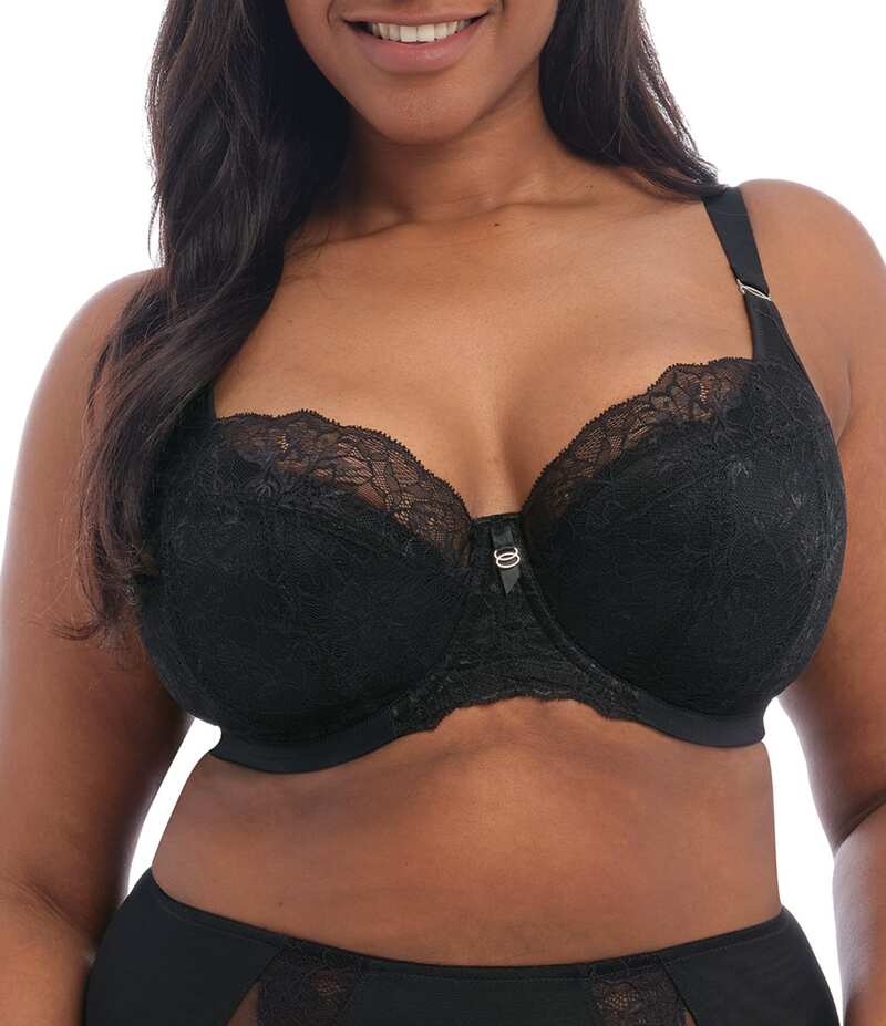 猥りがましいミ レディース アンダーお召しもの ブラ オーバーレイ スピード競技 Elomi Brianna Padded Half Cup Scallop Lace Overlay Push-Up Bra Black 黒いこと レディース-インナー・下着・ナイトウェア