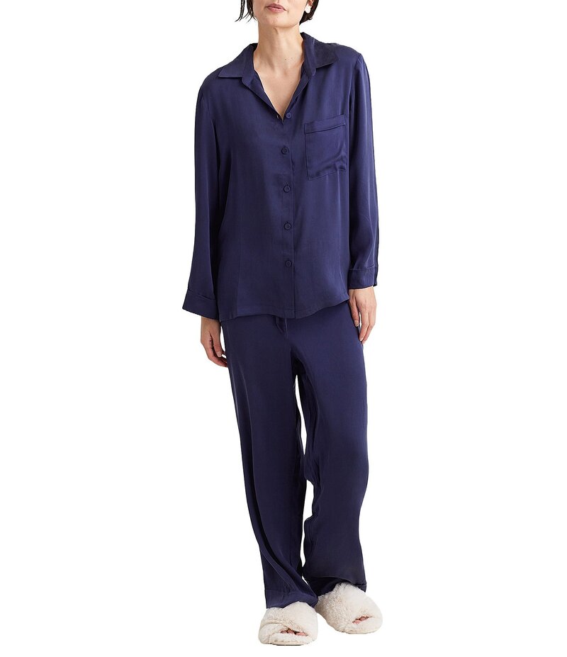 パピネール レディース アンダー御召しもの ナイト爵御召しもの 絹地 Papinelle Audrey Washable Silk Full-Length Pajama Set Navy 米国海軍