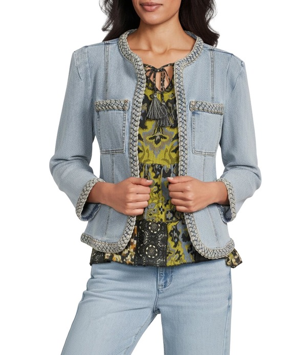 ジョン マーク レディース アウター コート デニム ジャケット John Mark Denim Braided Trim Round Neck Long Sleeve Open Front Jacket Light Denim デニム