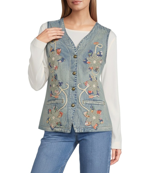 ジョン マーク レディース アウター ベスト Vネック フラワー柄 ノースリーブ 刺繍 デニム フラワー John Mark Denim Floral Appliquembroidered V-Neck Sleeveless Button Front Vest Denim デニム