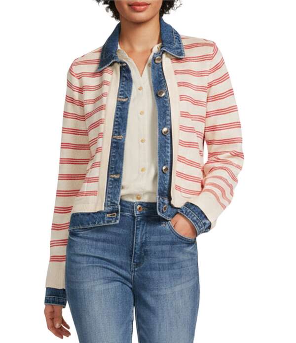 デモクラシー レディース アウター コート コントラスト ジャケット Democracy Mixed-Media Stripe Point Collar Long Sleeve Contrastrim Button Front Jacket Off White/Poppy Red オフホワイト