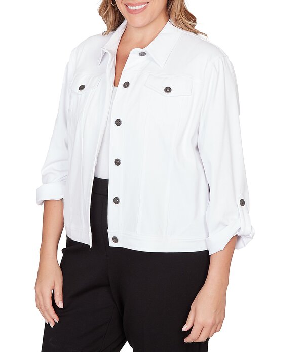 ルビーアールディー レディース アウター コート プラスサイズ ニット ジャケット Ruby Rd. Plusize Knitwill Point Collar Long Roll-Tab Sleeve Button-Front Jacket White ホワイト|ReVida 店