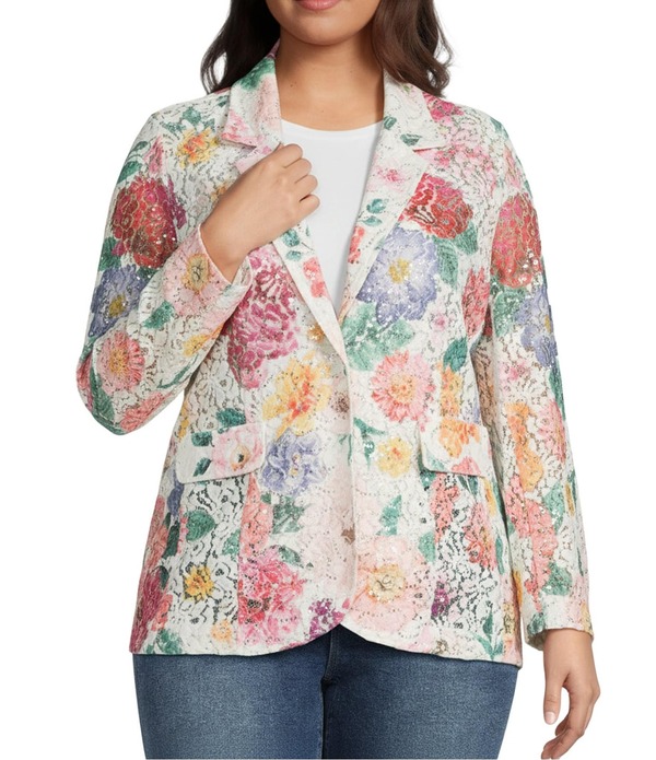 アリ マイルス レディース アウター コート フラワー柄 プラスサイズ スパンコール フラワー ジャケット Ali Miles Plusize All Over Floral Notch Lapel Collar Long Sleeve Button Front Sequin Jacket Abstract Floral