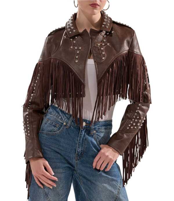 アザレア 一 レディース アウター 厚地の外套 なめし革 フリンジ フェイクレザー 上衣 Azalea Wang Reece Faux Leather Fringe Studded Notch Collar Bolero Jacket Brown 赤銅色 コート・ジャケット-レディースファッション
