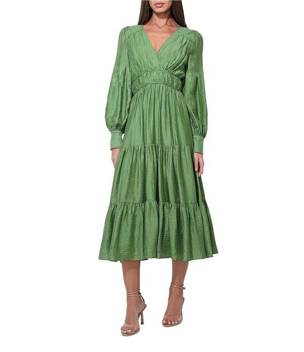 アドレイン ラエ レディース トップス ワンピース Vネック バルーンスリーブ ミディ Adelyn Rae Zinnia Woven V-Neck Long Balloon Sleeve Flounce Midi Dress Olive オリーブ 29,770円