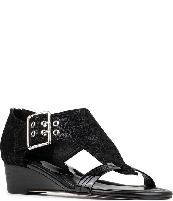 ドナルドプリネール レディース シューズ サンダル レザー Donald Pliner Virgina Patent Leather T-Strap Wedge Sandals Black ブラック｜ReVida 店